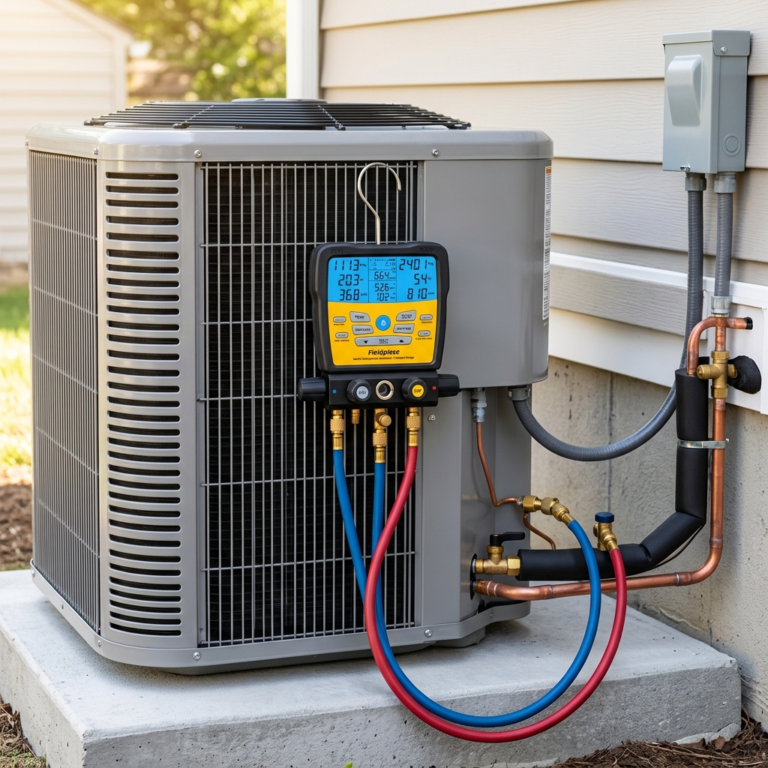 Outdoor AC unit with gauges showing pressure readings, clean copper piping, realistic HVAC setup, no people, square composition