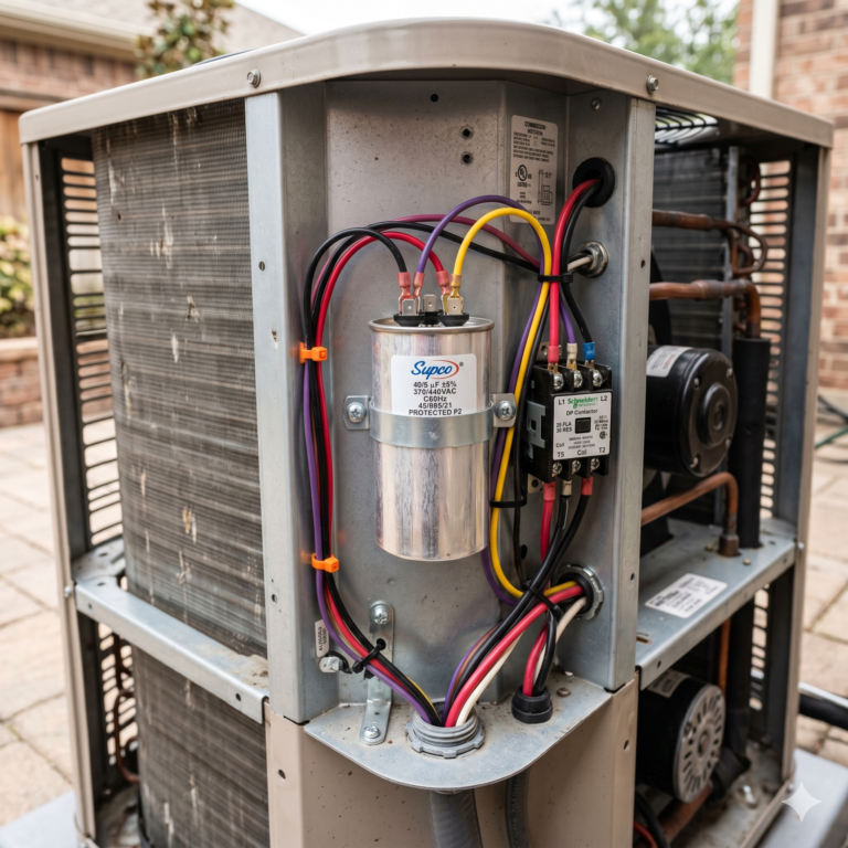 Outdoor AC unit with open panel, close-up of capacitor and wiring, clean setup, realistic lighting, no people