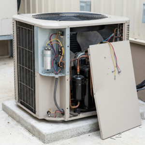 Outdoor AC unit with open panel, misaligned internal components, visible fan and compressor, realistic lighting, clean technical setup, no people, square composition