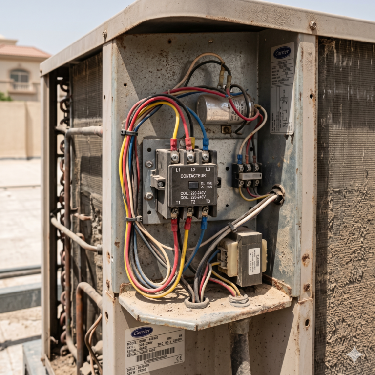 Outdoor AC unit with open panel showing contactor wiring and light dust in a realistic UAE setting, close-up technical view