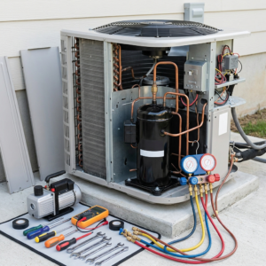 Outdoor AC unit with visible compressor detail in UAE setting