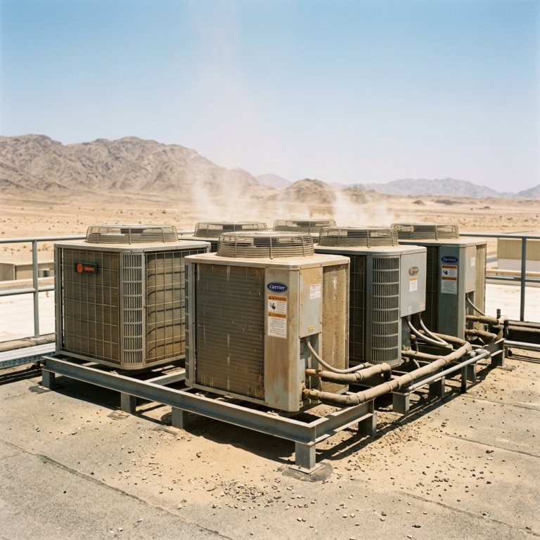 Outdoor AC units exposed to heat and dust in UAE conditions