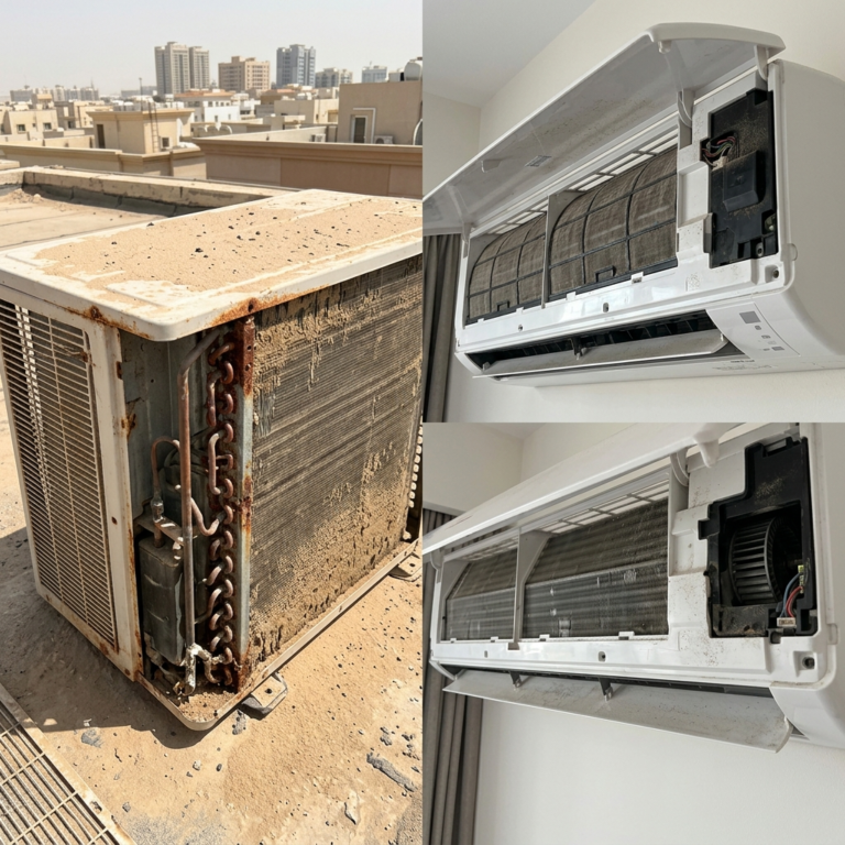 Outdoor and indoor AC units in UAE conditions with dust buildup on condenser coils and slight fin corrosion, realistic lighting, detailed HVAC components, no people