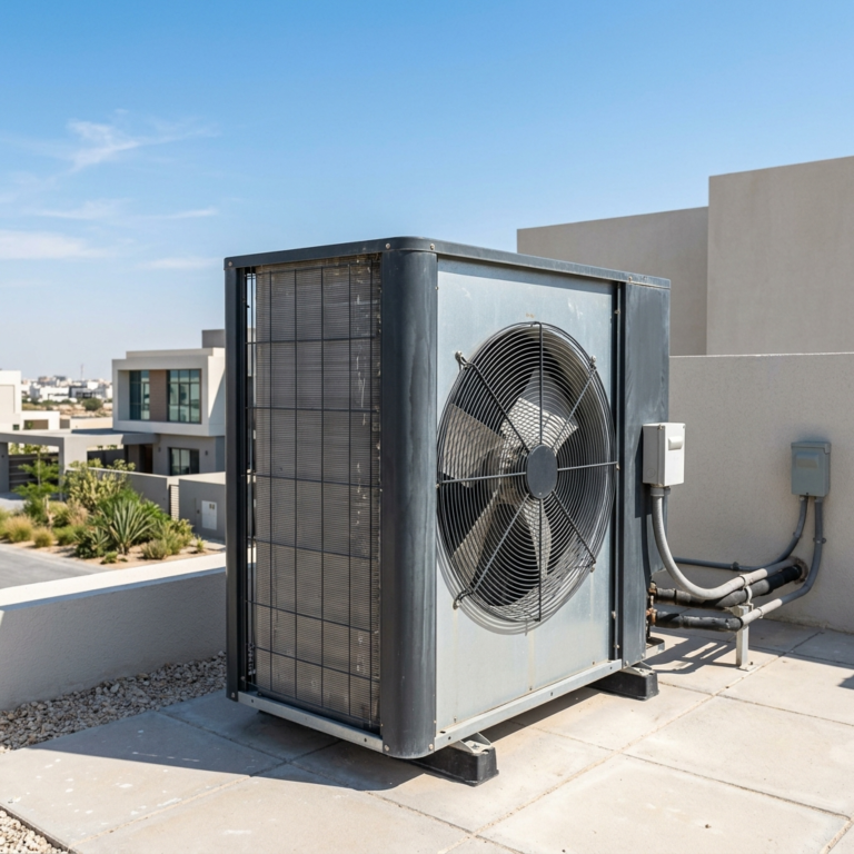Outdoor heat pump unit installed on rooftop in UAE conditions