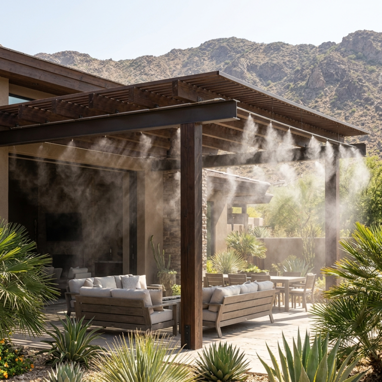 Outdoor misting system integrated into modern villa pergola in UAE