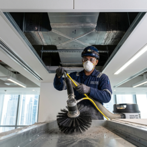 Professional AC duct cleaning process inside ceiling system