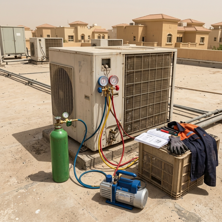 Professional AC refrigerant service process with proper tools