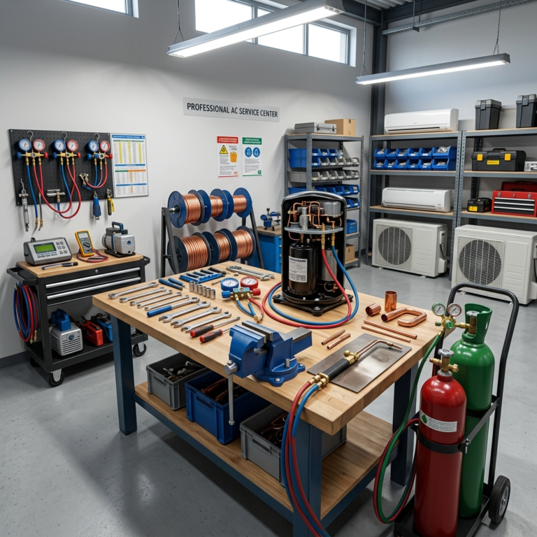 Professional AC service workshop with compressor repair tools, copper piping, gauges, and diagnostic setup in a clean industrial space, realistic lighting, no people, square composition