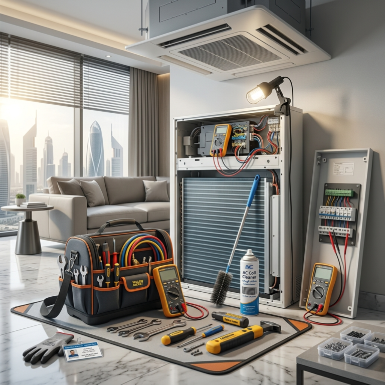 Professional AC technician cleaning indoor unit, inspecting coils and electrical panel in a clean UAE apartment setting