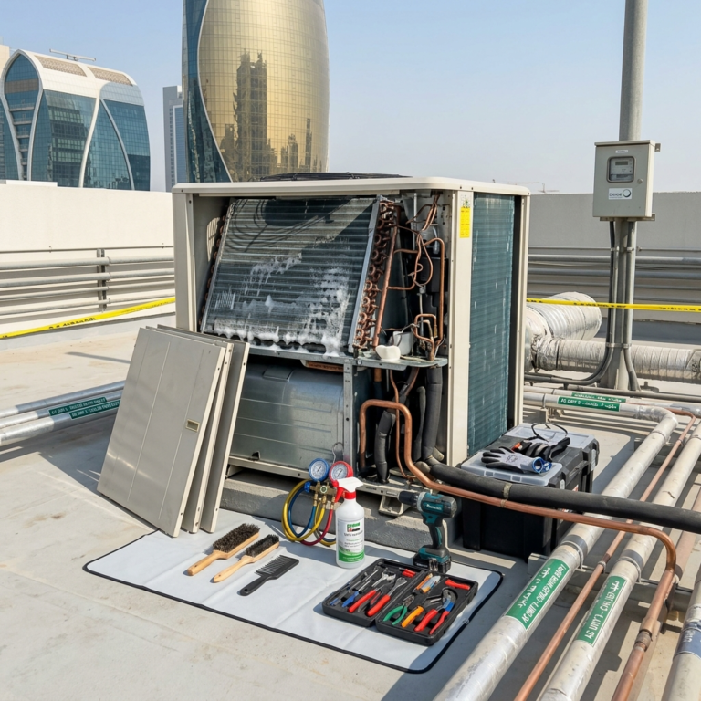 Professional HVAC technician cleaning open cooling system with visible coils and ducts in a clean UAE setting, realistic lighting, no people, square composition.