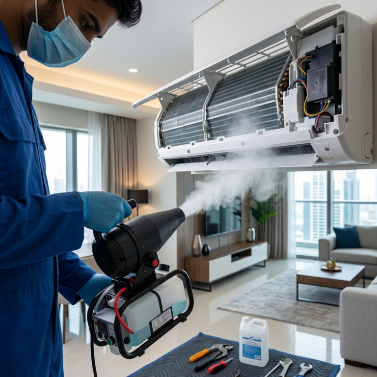 Professional HVAC technician performing AC sterilization with ULV fogging in a modern UAE apartment, indoor unit panel open, clean environment, realistic lighting, no people, square composition