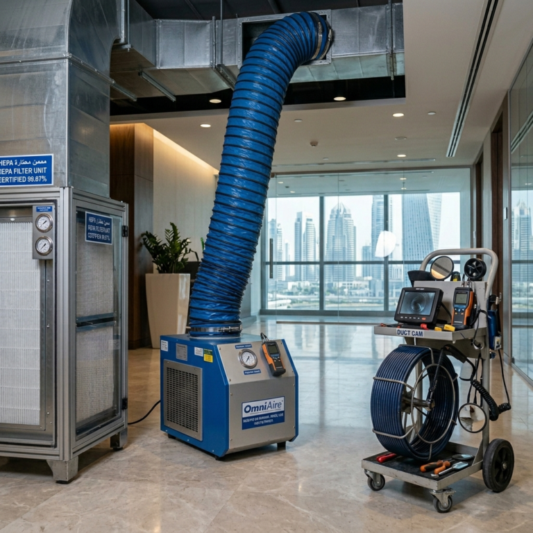 Professional HVAC technician performing negative air duct cleaning with HEPA system in a clean modern UAE interior, detailed tools and realistic lighting, no people