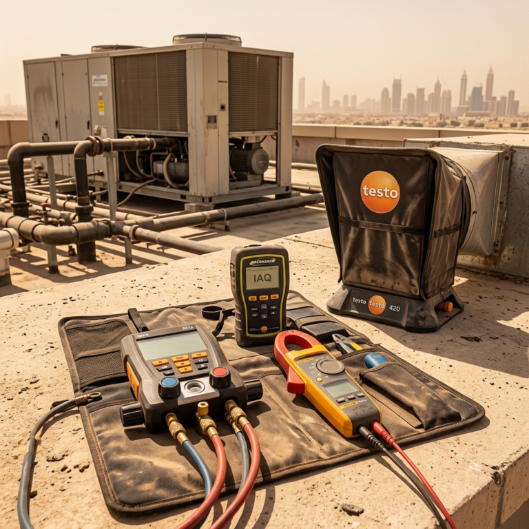 Professional HVAC testing equipment prepared for rooftop diagnostics in UAE conditions