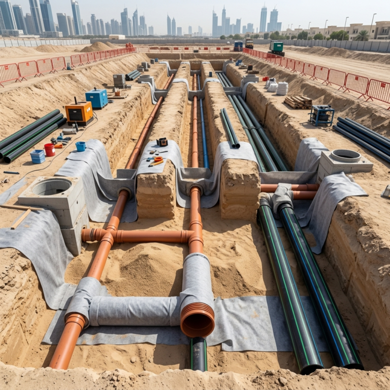 Professional underground drainage installation in UAE with trenches, UPVC and HDPE pipes, sand bedding, and geotextile layers, realistic lighting, no people