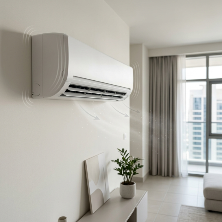 Quiet indoor AC unit after shutdown with subtle airflow and vibration, clean UAE apartment setting, soft lighting, dust particles visible, no people, square frame.