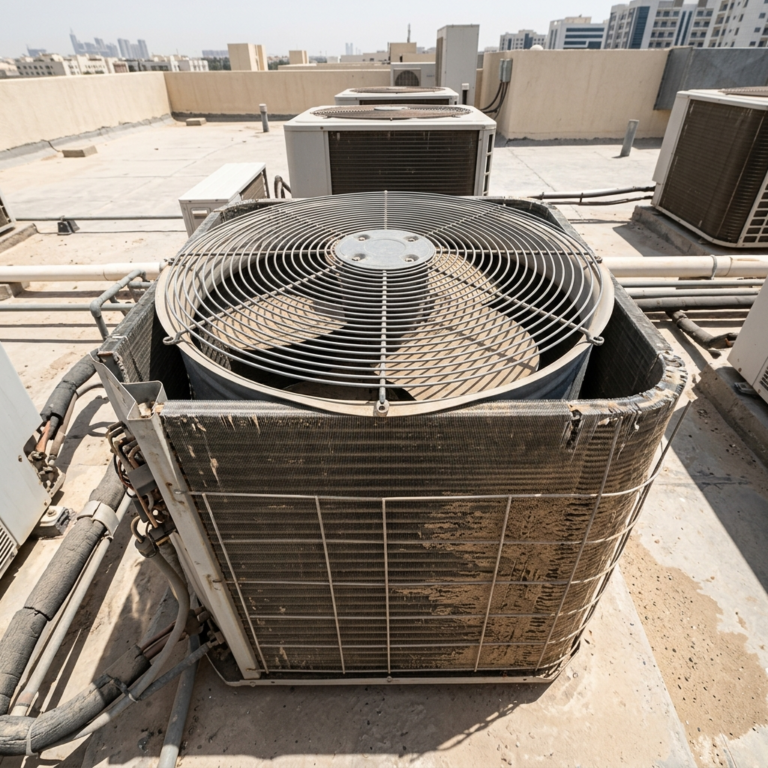 Rooftop AC outdoor unit under harsh desert sun with dust-covered coils and exposed compressor components