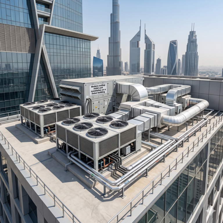 Rooftop AC system installation in a modern Dubai building