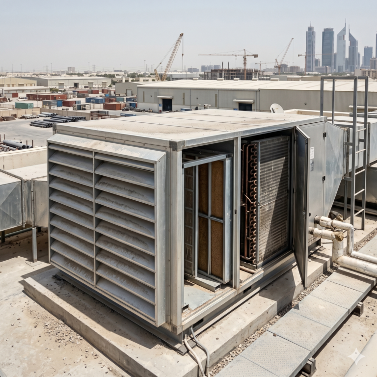 Rooftop FAHU system with louvers, sand filters, cooling coils, and visible dust buildup in a realistic Dubai industrial setting