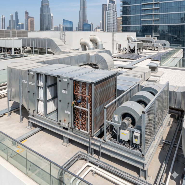 Rooftop industrial fresh air unit with ducts, filters, cooling coils, and EC fans on a modern UAE commercial building