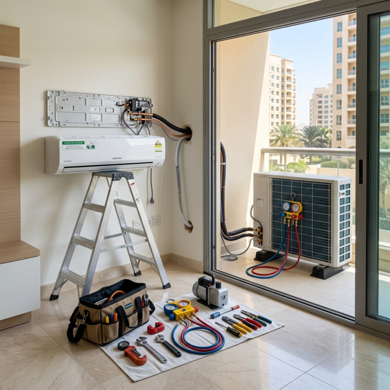 Same day AC installation setup di apartemen UAE dengan unit indoor outdoor siap dipasang