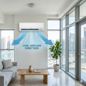 Split AC unit cooling a modern apartment with large windows
