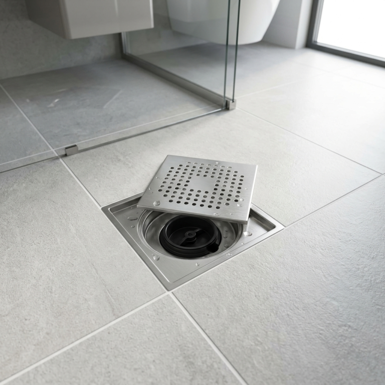 Stainless steel drain cover with anti odor system in modern bathroom