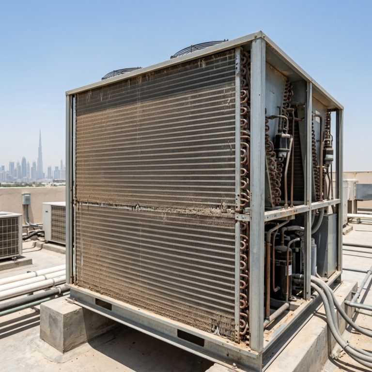 Sun-exposed rooftop AC unit in Dubai with dust buildup and light corrosion on fins, realistic lighting, detailed HVAC system, no people.