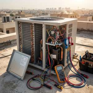 Technician checking outdoor AC unit under extreme UAE heat conditions