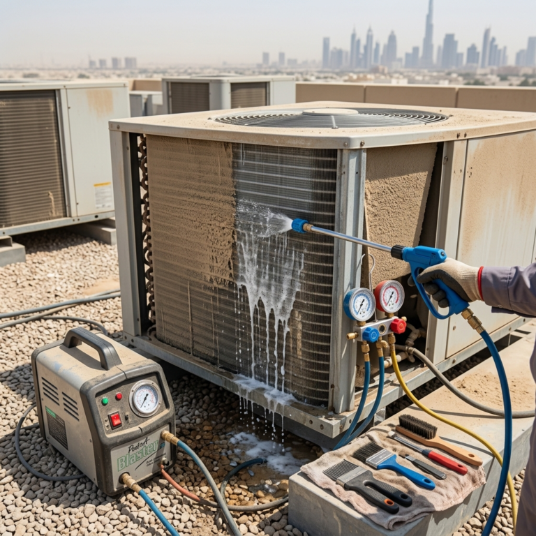 Technician cleaning condenser coils on rooftop HVAC system in UAE