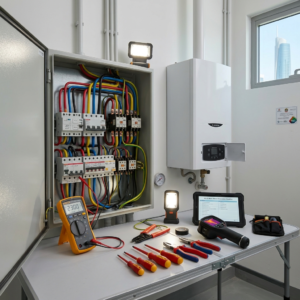 Technician inspecting AC electrical panel and water heater in a clean modern UAE home, with detailed tools and realistic lighting, no people