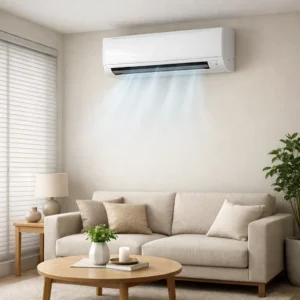 The AC unit works efficiently in a modern living room with the curtains closed to reduce heat