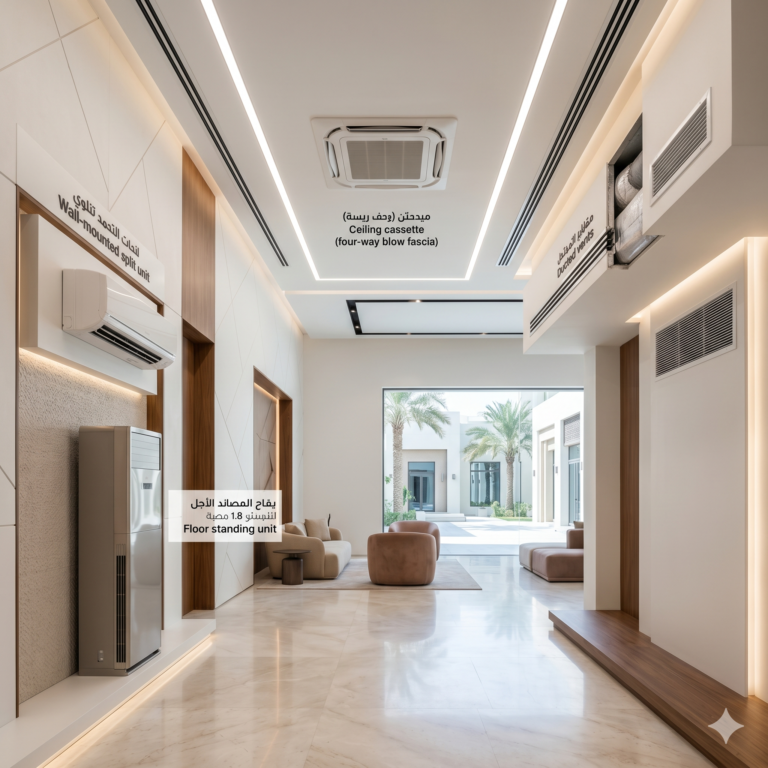 Various AC indoor unit types in a modern UAE interior—ducted vents, ceiling cassette, wall-mounted split, and floor-standing units in clean, realistic lighting.