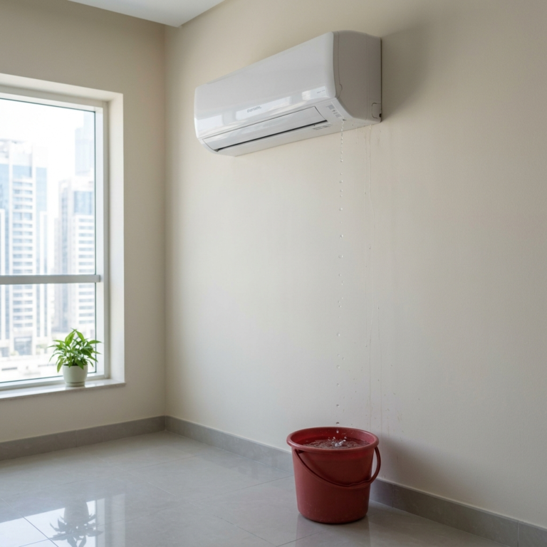 Wall-mounted AC leaking water into a bucket with visible drip in a clean modern UAE apartment setting