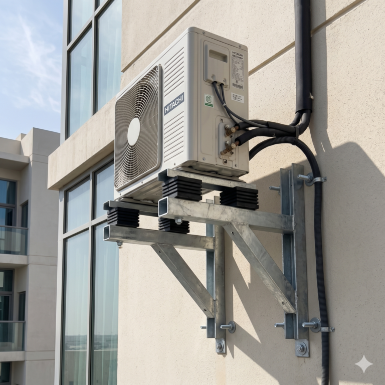 Wall mounted AC outdoor unit with strong steel bracket and vibration pads