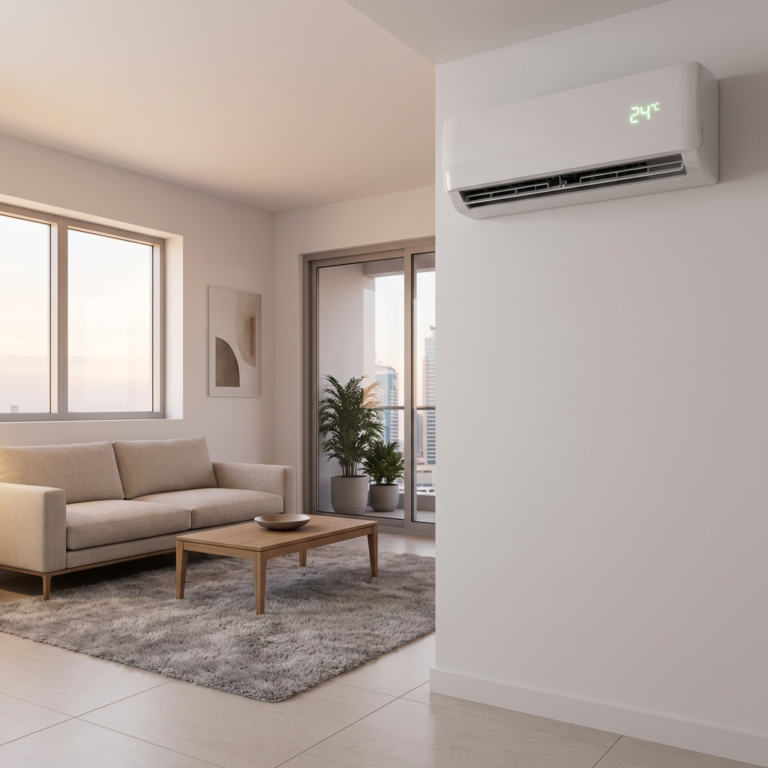 Wall-mounted AC set to 24°C in a clean, softly lit UAE living room with a minimal modern interior, realistic look, no people, square composition