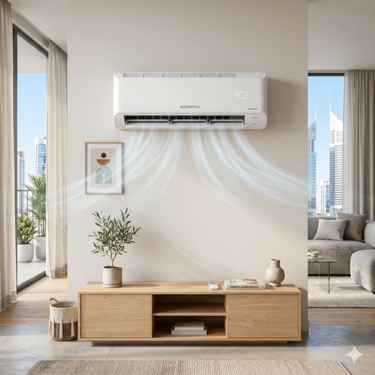 Wall mounted AC unit showing airflow inside a clean UAE room