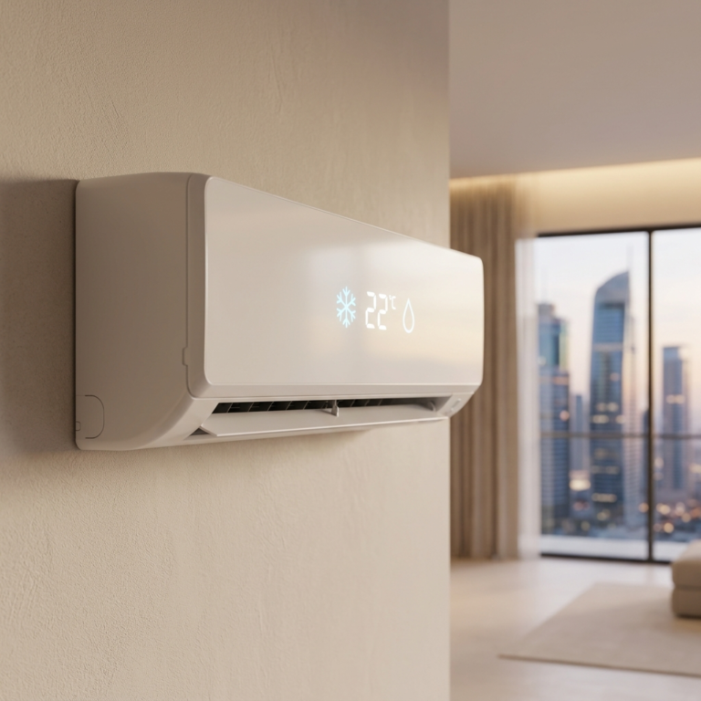Wall-mounted AC unit showing dry and cool modes in a modern UAE apartment with soft lighting and realistic detail