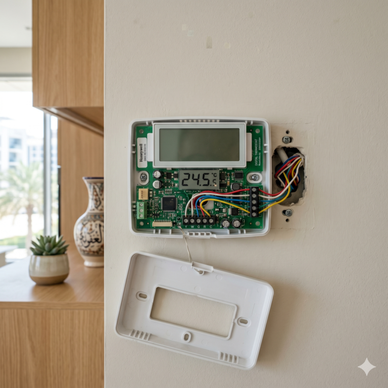 Wall-mounted digital thermostat with blank screen and fluctuating temperature display open casing visible internal wiring clean modern UAE interior realistic lighting no people square composition