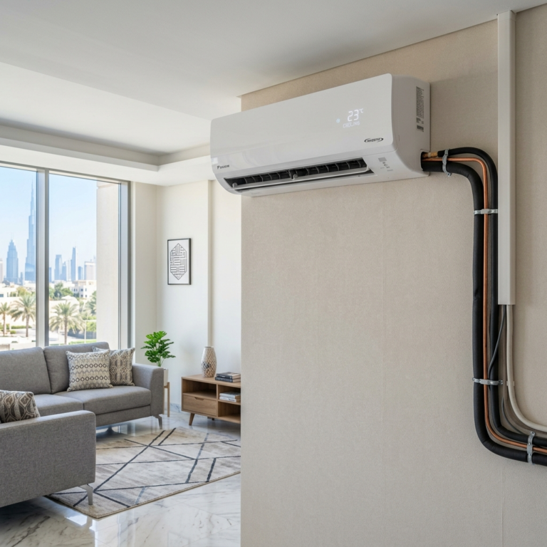 Wall-mounted split AC indoor unit in a modern UAE room, clean installation with visible piping and realistic lighting.