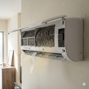 Weak airflow from indoor AC with visible dust buildup on filter and coil in a modern UAE apartment, soft ventilation, realistic lighting, high detail, no people, square frame